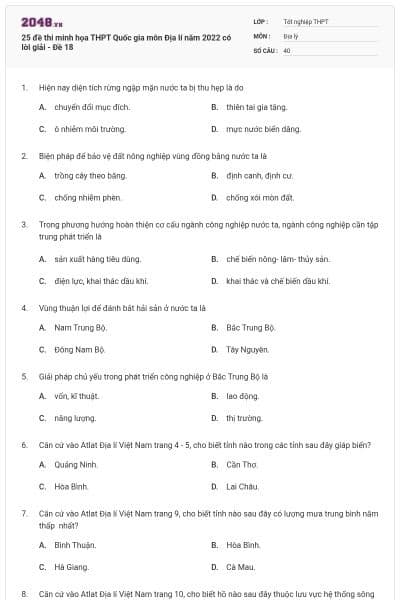 25 đề thi minh họa THPT Quốc gia môn Địa lí năm 2022 có lời giải - Đề 18
