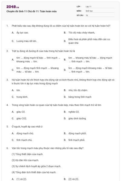 Chuyên đề Sinh 11 Chủ đề 11: Tuần hoàn máu