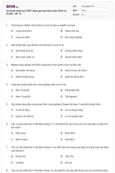 25 đề thi minh họa THPT Quốc gia môn Địa lí năm 2022 có lời giải - Đề 19