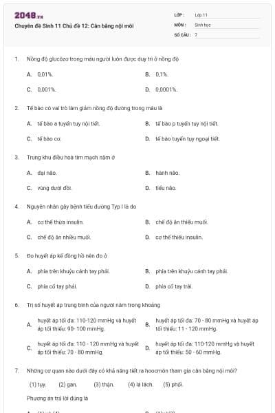 Chuyên đề Sinh 11 Chủ đề 12: Cân bằng nội môi