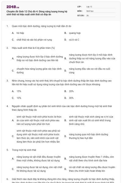 Chuyên đề Sinh 12 Chủ đề 4: Dòng năng lượng trong hệ sinh thái và hiệu suất sinh thái có đáp án