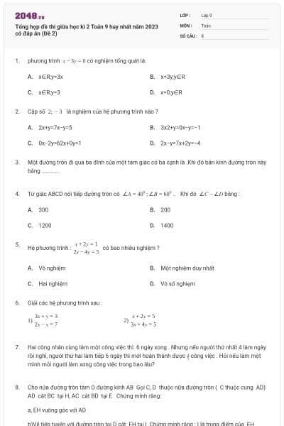 Tổng hợp đề thi giữa học kì 2 Toán 9 hay nhất năm 2023 có đáp án (Đề 2)