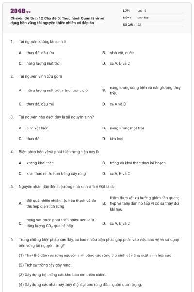 Chuyên đề Sinh 12 Chủ đề 5: Thực hành Quản lý và sử dụng bền vững tài nguyên thiên nhiên có đáp án
