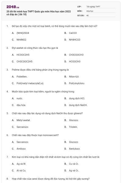20 đề thi minh họa THPT Quốc gia môn Hóa học năm 2022 có đáp án ( Đề 18)