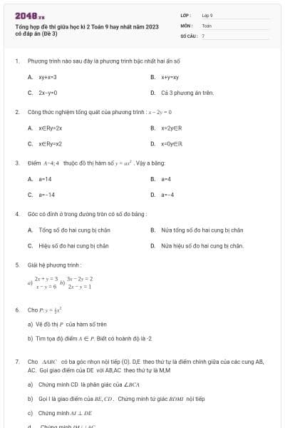 Tổng hợp đề thi giữa học kì 2 Toán 9 hay nhất năm 2023 có đáp án (Đề 3)