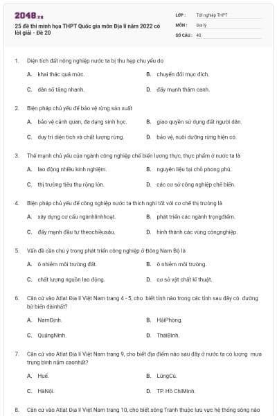 25 đề thi minh họa THPT Quốc gia môn Địa lí năm 2022 có lời giải - Đề 20
