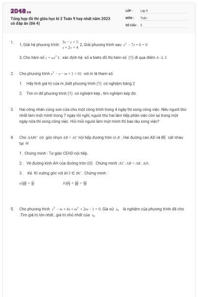 Tổng hợp đề thi giữa học kì 2 Toán 9 hay nhất năm 2023 có đáp án (Đề 4)