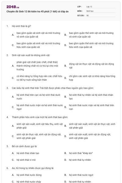 Chuyên đề Sinh 12 Đề kiểm tra 45 phút (1 tiết) có đáp án