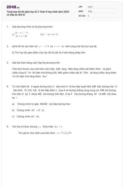 Tổng hợp đề thi giữa học kì 2 Toán 9 hay nhất năm 2023 có đáp án (Đề 6)