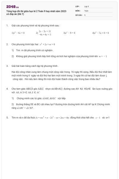 Tổng hợp đề thi giữa học kì 2 Toán 9 hay nhất năm 2023 có đáp án (Đề 7)
