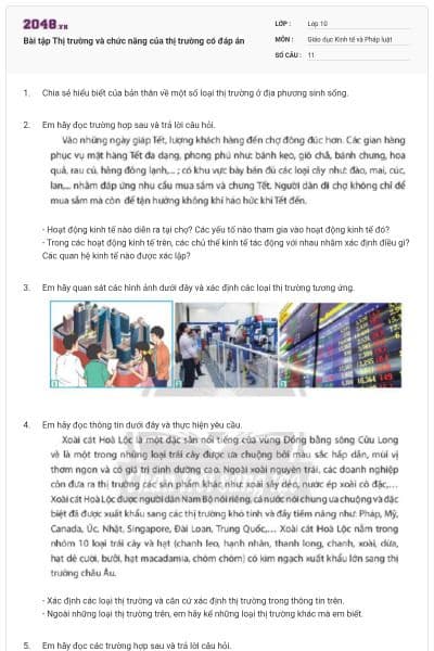 Bài tập Thị trường và chức năng của thị trường có đáp án