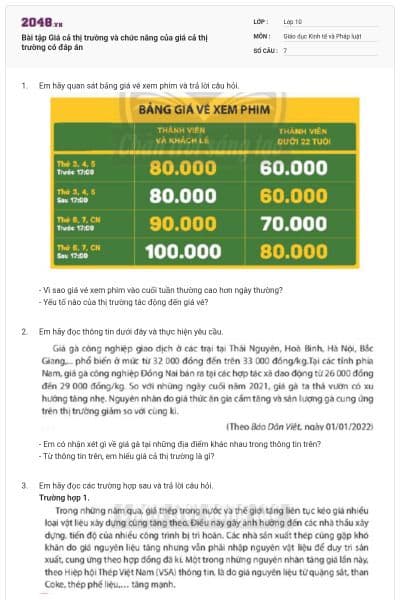 Bài tập Giá cả thị trường và chức năng của giá cả thị trường có đáp án