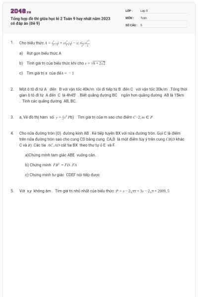 Tổng hợp đề thi giữa học kì 2 Toán 9 hay nhất năm 2023 có đáp án (Đề 9)