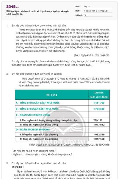 Bài tập Ngân sách nhà nước và thực hiện pháp luật về ngân sách có đáp án