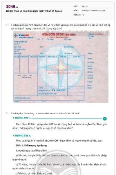 Bài tập Thuế và thực hiện pháp luật về thuế có đáp án