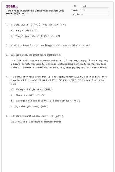 Tổng hợp đề thi giữa học kì 2 Toán 9 hay nhất năm 2023 có đáp án (Đề 10)