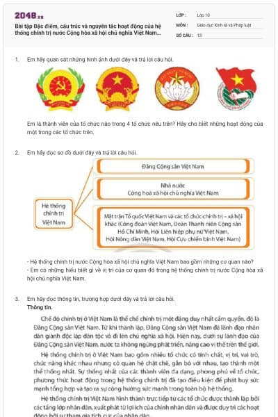 Bài tập Đặc điểm, cấu trúc và nguyên tắc hoạt động của hệ thống chính trị nước Cộng hòa xã hội chủ nghĩa Việt Nam có đáp án