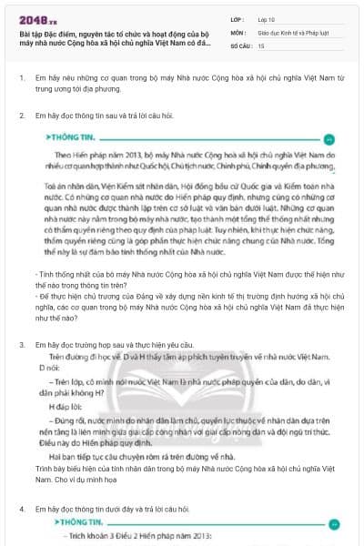 Bài tập Đặc điểm, nguyên tắc tổ chức và hoạt động của bộ máy nhà nước Cộng hòa xã hội chủ nghĩa Việt Nam có đáp án