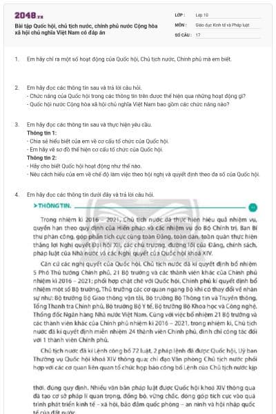 Bài tập Quốc hội, chủ tịch nước, chính phủ nước Cộng hòa xã hội chủ nghĩa Việt Nam có đáp án