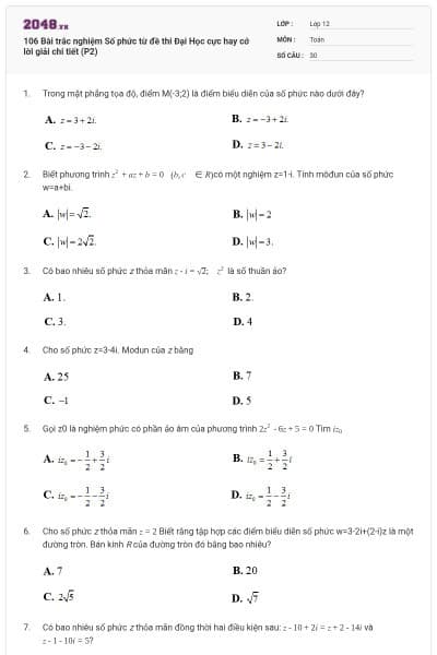 106 Bài trắc nghiệm Số phức từ đề thi Đại Học cực hay cớ lời giải chi tiết (P2)