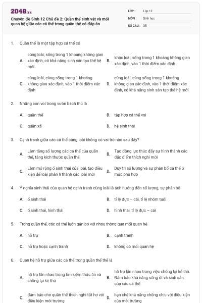 Chuyên đề Sinh 12 Chủ đề 2: Quần thể sinh vật và mối quan hệ giữa các cá thể trong quần thể có đáp án