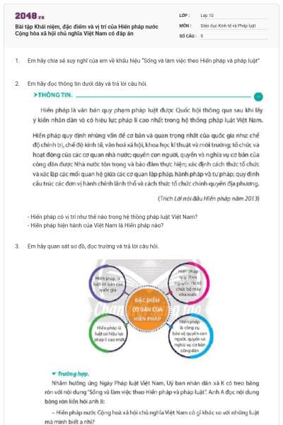 Bài tập Khái niệm, đặc điểm và vị trí của Hiến pháp nước Cộng hòa xã hội chủ nghĩa Việt Nam có đáp án