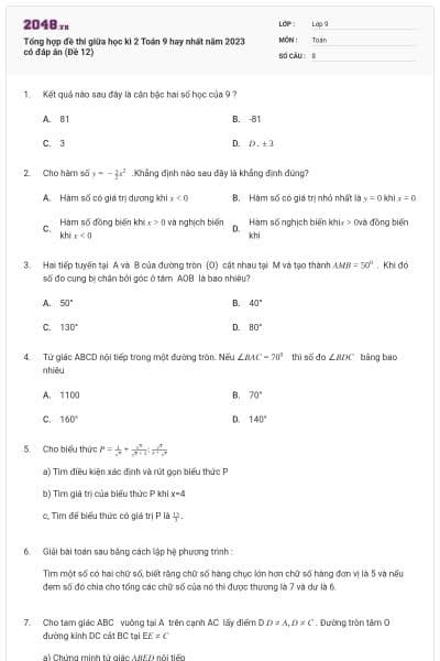 Tổng hợp đề thi giữa học kì 2 Toán 9 hay nhất năm 2023 có đáp án (Đề 12)