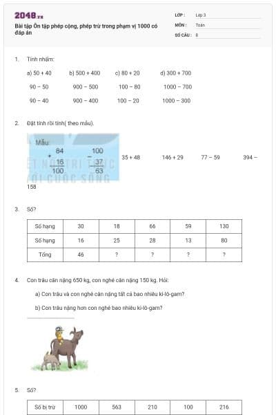 Bài tập Ôn tập phép cộng, phép trừ trong phạm vị 1000 có đáp án