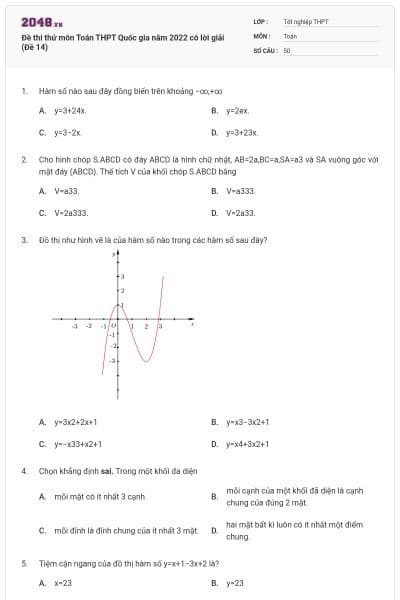 Đề thi thử môn Toán THPT Quốc gia năm 2022 có lời giải (Đề 14)