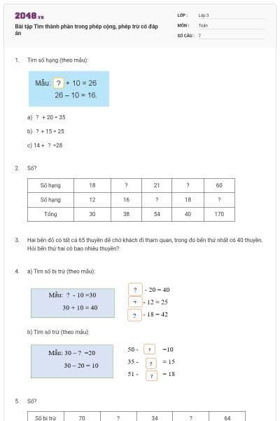 Bài tập Tìm thành phần trong phép cộng, phép trừ có đáp án