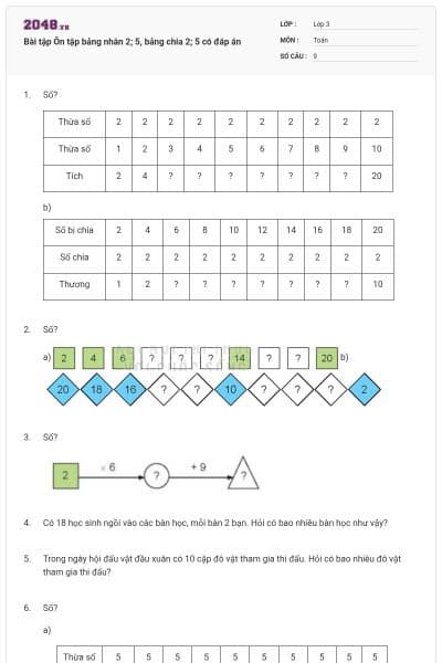 Bài tập Ôn tập bảng nhân 2; 5, bảng chia 2; 5 có đáp án