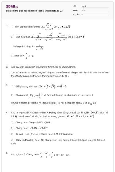 Đề kiểm tra giữa học kì 2 môn Toán 9 (Mới nhất)_đề 23