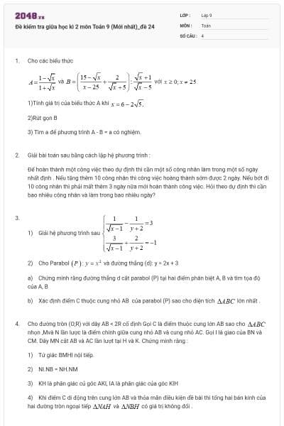 Đề kiểm tra giữa học kì 2 môn Toán 9 (Mới nhất)_đề 24