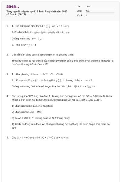 Tổng hợp đề thi giữa học kì 2 Toán 9 hay nhất năm 2023 có đáp án (Đề 13)
