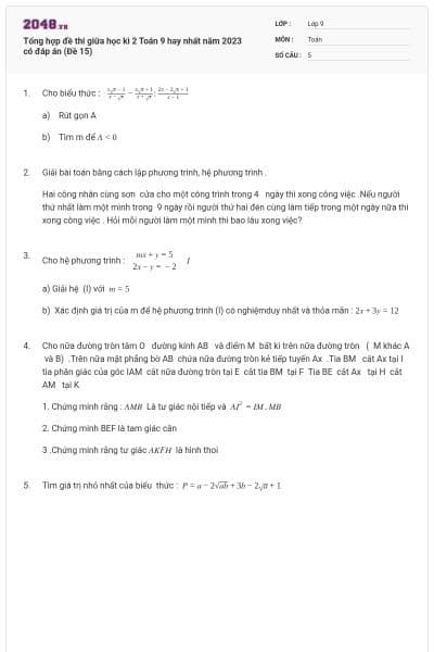 Tổng hợp đề thi giữa học kì 2 Toán 9 hay nhất năm 2023 có đáp án (Đề 15)