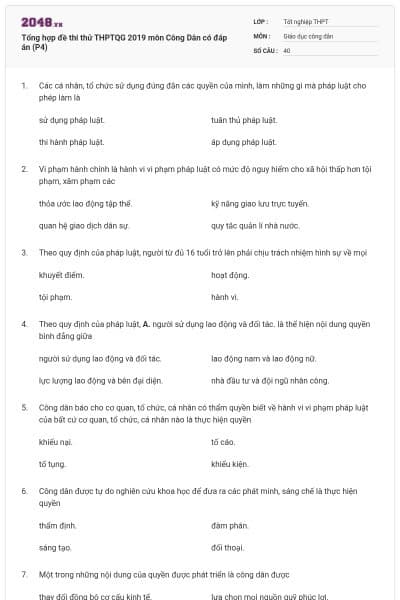 Tổng hợp đề thi thử THPTQG 2019 môn Công Dân có đáp án (P4)