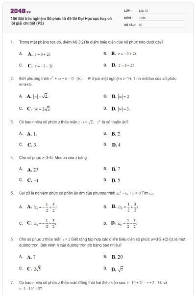 106 Bài trắc nghiệm Số phức từ đề thi Đại Học cực hay cớ lời giải chi tiết (P2)