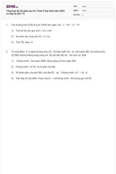 Tổng hợp đề thi giữa học kì 2 Toán 9 hay nhất năm 2023 có đáp án (Đề 17)