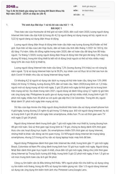 Top 5 đề thi Đánh gia năng lực trường ĐH Bách Khoa Hà Nội năm 2023 - 2024 có đáp án (đề 4)