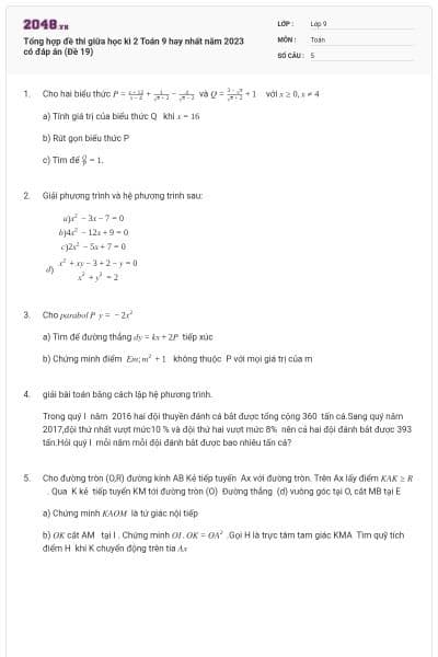 Tổng hợp đề thi giữa học kì 2 Toán 9 hay nhất năm 2023 có đáp án (Đề 19)