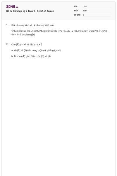 Đề thi Giữa học kỳ 2 Toán 9 - Đề 52 có đáp án