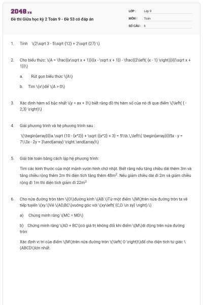 Đề thi Giữa học kỳ 2 Toán 9 - Đề 53 có đáp án