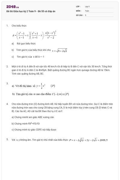 Đề thi Giữa học kỳ 2 Toán 9 - Đề 55 có đáp án