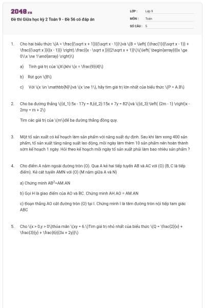 Đề thi Giữa học kỳ 2 Toán 9 - Đề 56 có đáp án