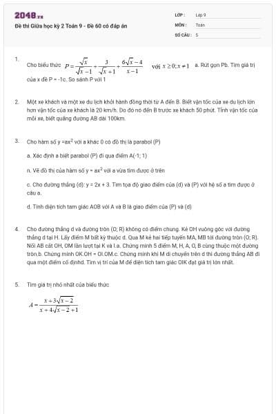Đề thi Giữa học kỳ 2 Toán 9 - Đề 60 có đáp án