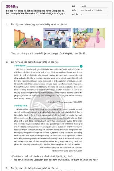 Bài tập Nội dung cơ bản của hiến pháp nước Cộng hòa xã hội chủ nghĩa Việt Nam năm 2013 về kinh tế, văn hóa, giáo dục, khoa học, công nghệ và môi trường có đáp án