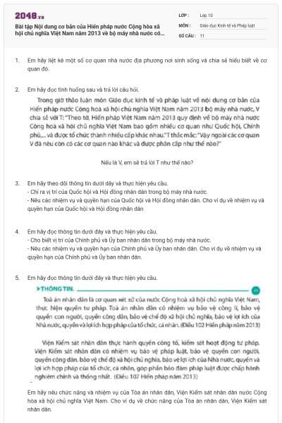Bài tập Nội dung cơ bản của Hiến pháp nước Cộng hòa xã hội chủ nghĩa Việt Nam năm 2013 về bộ máy nhà nước có đáp án