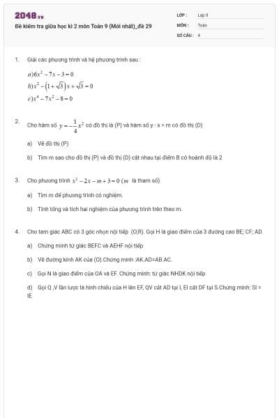 Đề kiểm tra giữa học kì 2 môn Toán 9 (Mới nhất)_đề 29