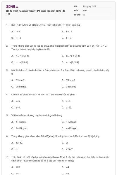 Bộ đề minh họa môn Toán THPT Quốc gia năm 2022 (đề 11)