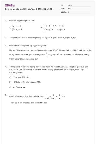 Đề kiểm tra giữa học kì 2 môn Toán 9 (Mới nhất)_đề 30